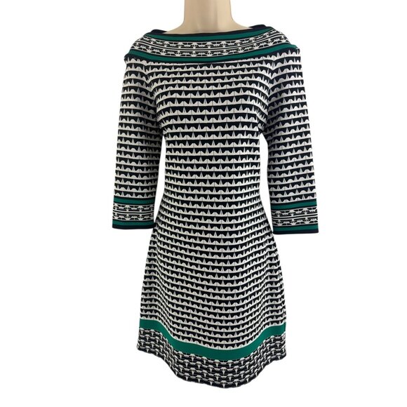 Max Studio Black Green White Boatneck Geometric Print Dress Sheath Size M Office - Picture 1 of 7